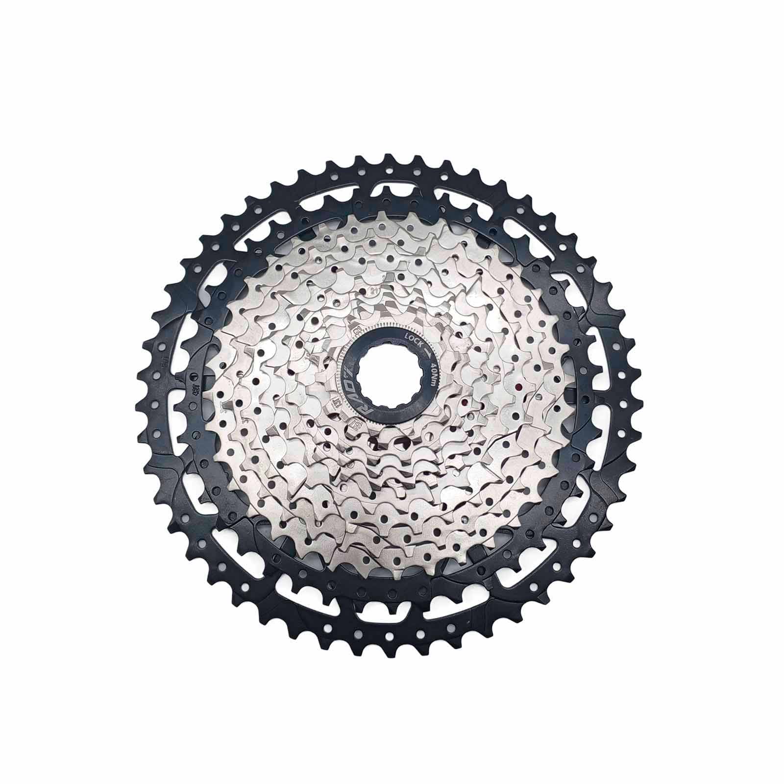 Cassete 12v 11-50D Indexado Niquelado com 2 últimas Coroas Pretas e Aranha em Alumínio Rad7 Performance