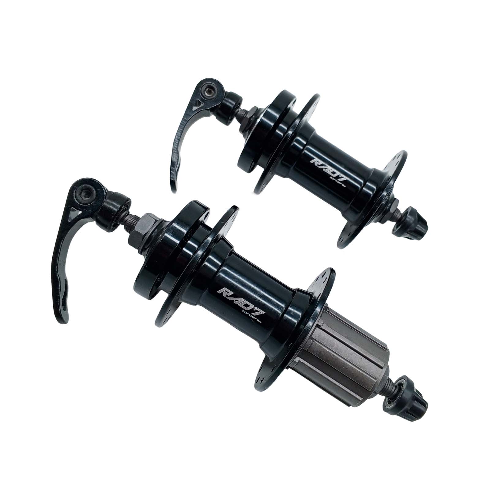 Cubo em Alumínio Dianteiro e Traseiro Rolamentado 28 Furos com Blocagem e Espaçador Cassete 8-12v Disco Preto Rad7 Concept