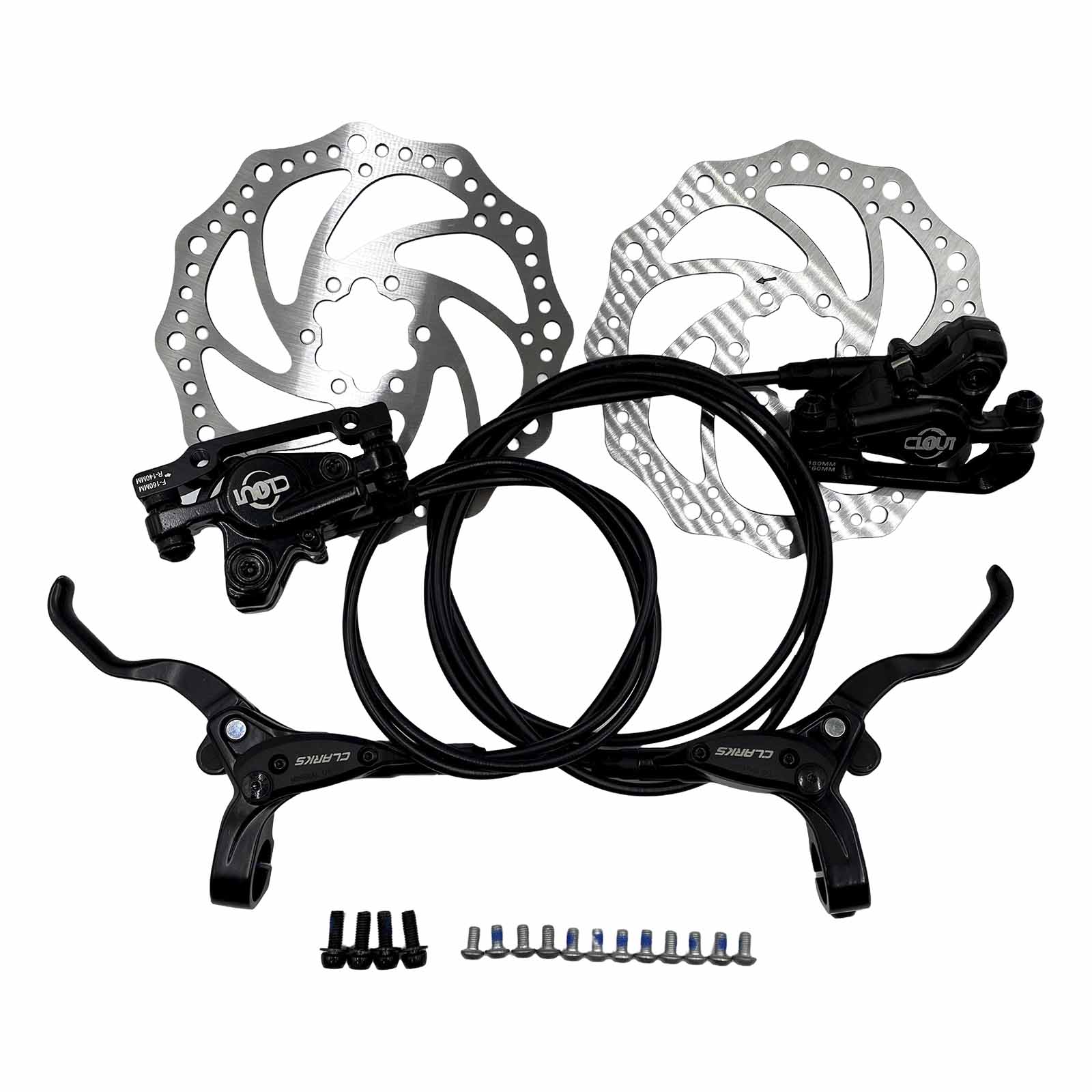 Freio a Disco Hidráulico em Alumínio Dianteiro e Traseiro com Rotores 6 Furos de 160 mm e Parafusos Preto Clarks