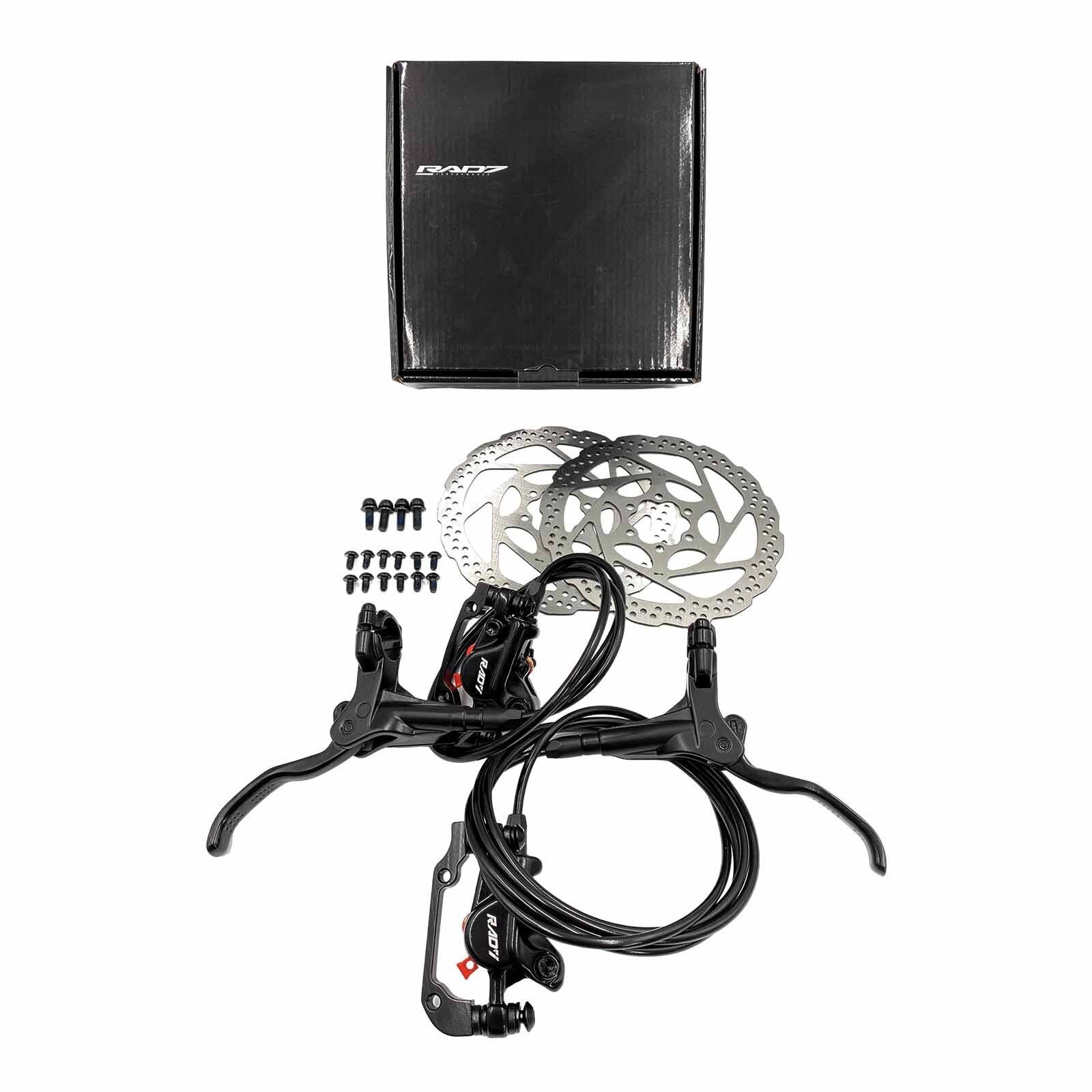 Freio a Disco Hidráulico em Alumínio Dianteiro e Traseiro com Rotores 6 Furos de 160 mm e Parafusos Prime com Caixa Preto Prime Rad7 Concept