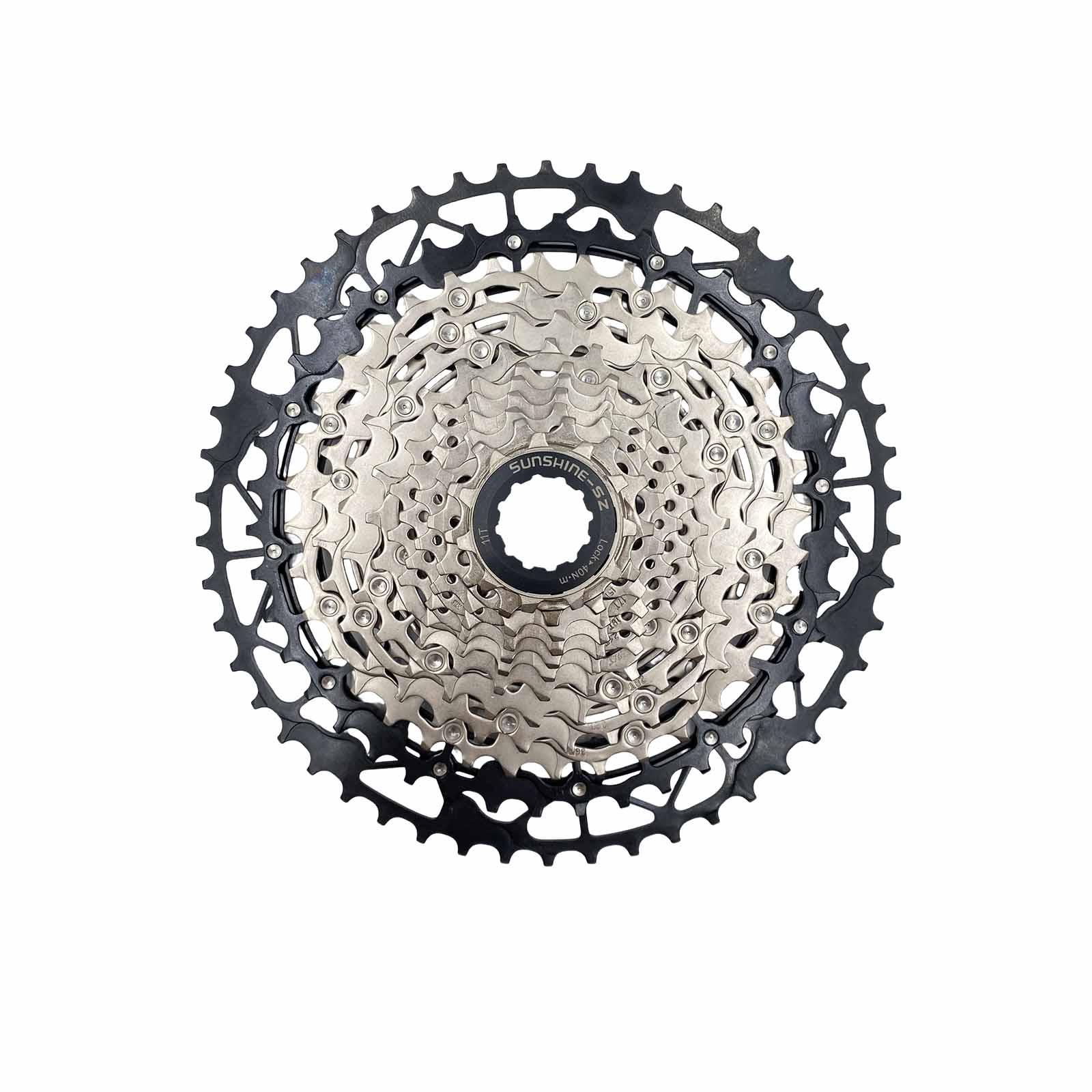 Cassete 12v 11-50D Indexado Niquelado com 2 últimas Coroas Pretas e Aranha em Aluminio Super Leve Sunshine