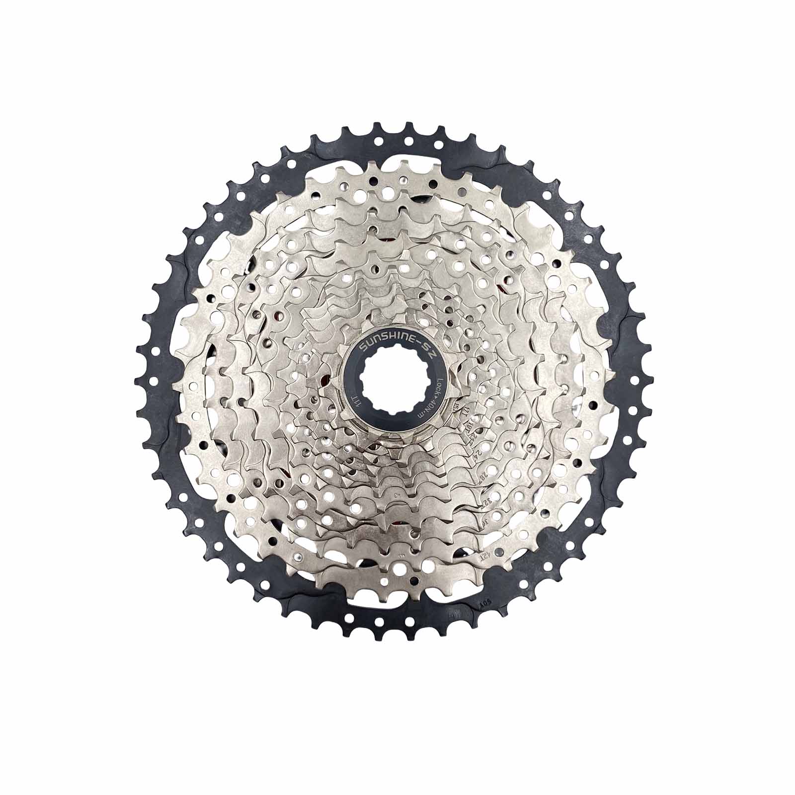 Cassete 12v 11-50D Indexado Niquelado com última Coroa Preta e Aranha em Alumínio Sunshine