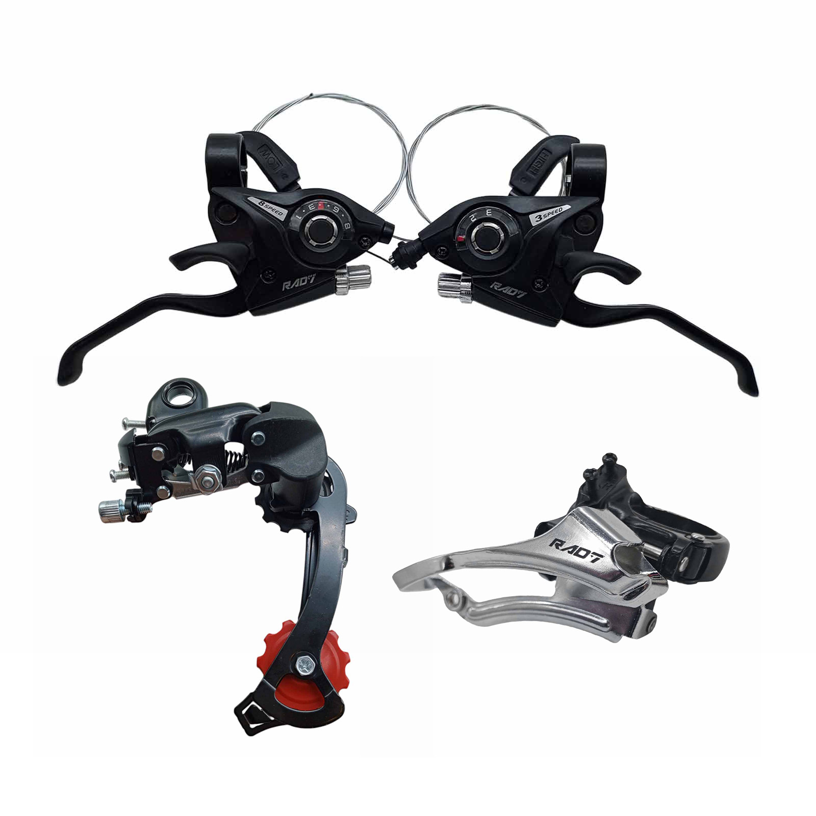 Kit Trans. MTB 3x8v 24v Alavancas c/ Manetes, Câmbio Dt Dual Cromado, Câmbio Ts Index Preto Rad7 Concept