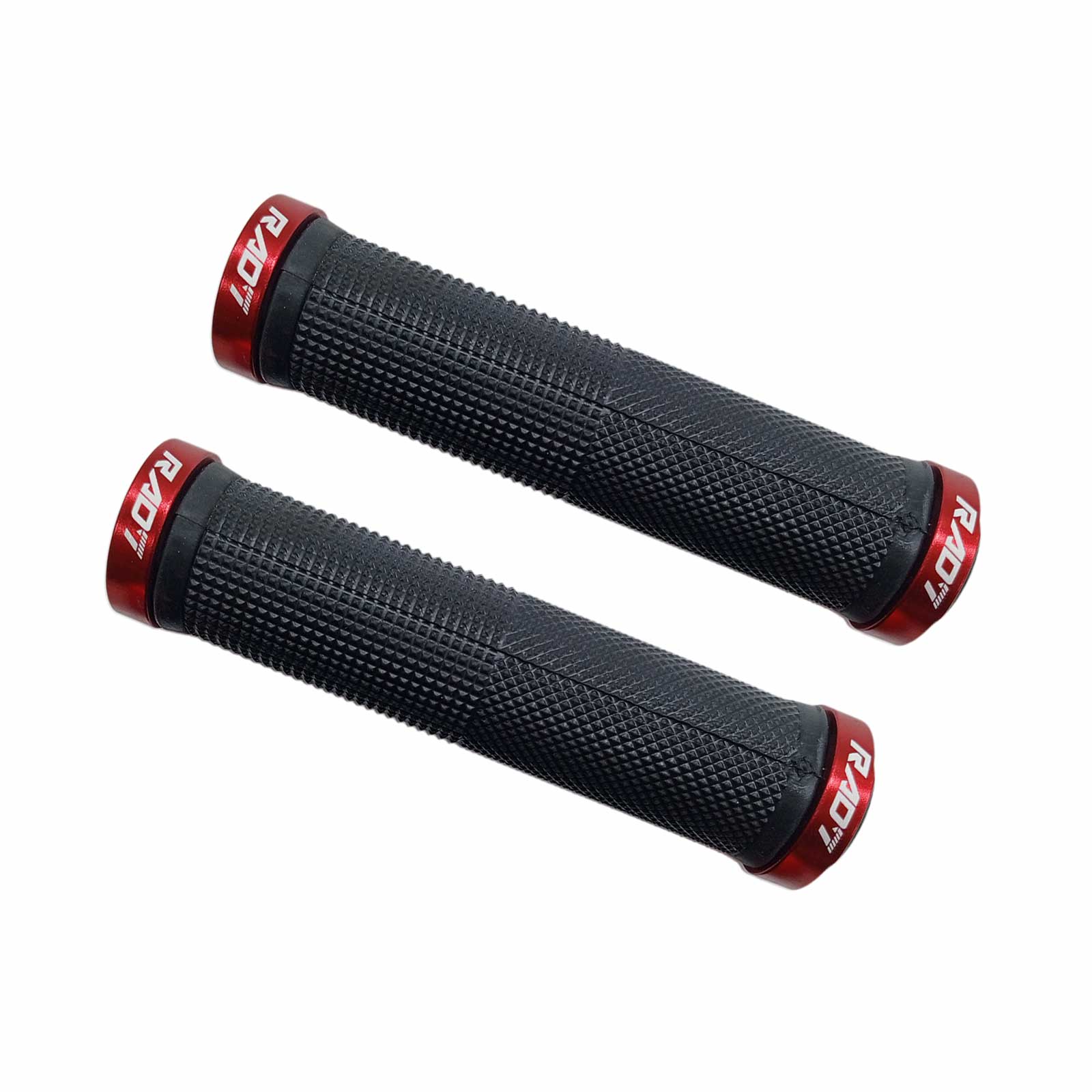 Manopla MTB em Borracha Preta com 2 Anéis de Trava em Alumínio Vermelho e Plug Plástico Preto Rad7 Concept