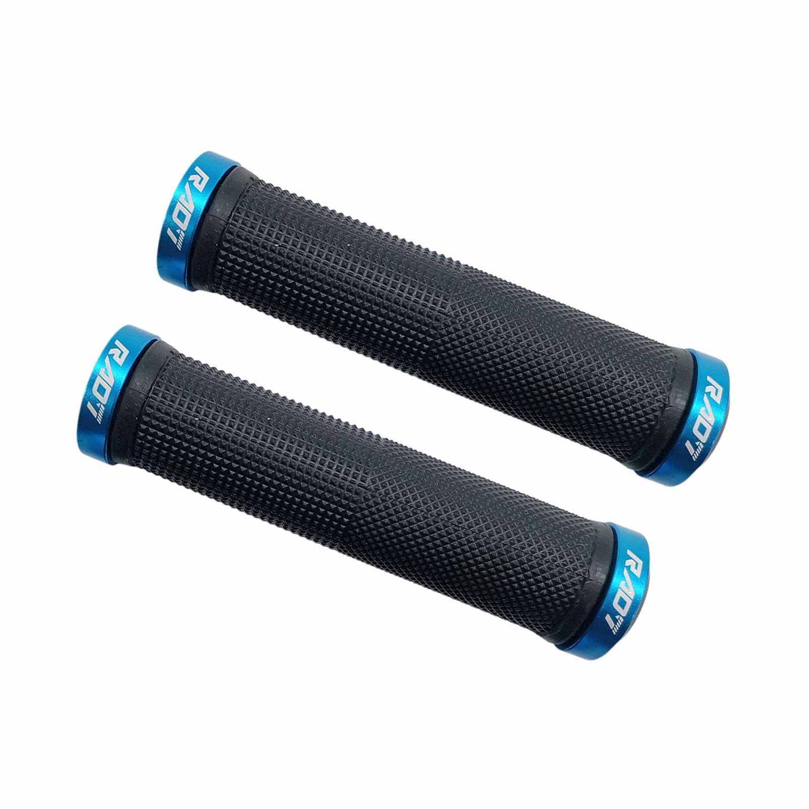 Manopla MTB em Borracha Preta com 2 Anéis de Trava em Alumínio Azul e Plug Plástico Preto Rad7 Concept