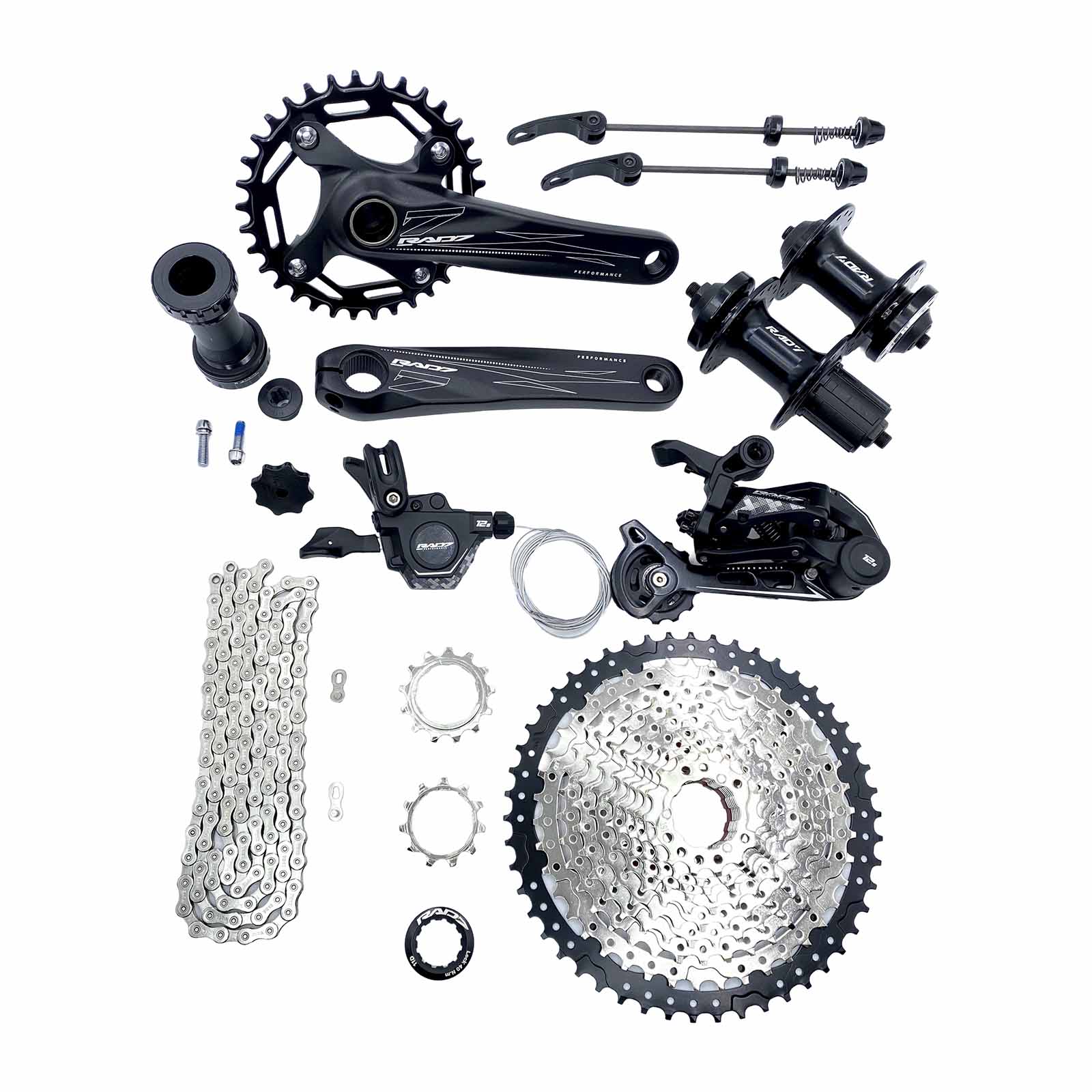 Kit Trans. MTB 12v c/Cass. 11-50D+Alav. s/Man.+Câmbio Ts.+Corr. 12v+Pdv. Hollowtech 34D 170mm+Cubo K7 Rad7 Performance
