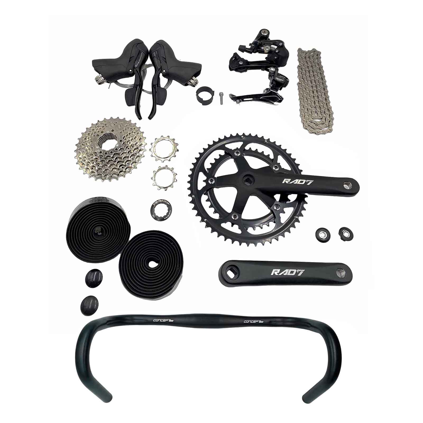 Kit Trans. Speed 2x9v 18v c/Cass. 11-28D+Alav. c/Man.+Câmbios Dt/Ts+Corr. 9v+Pdv. PQ. 39/53D 175mm+Gd. Speed+Ft Guidão Rad7 Racing