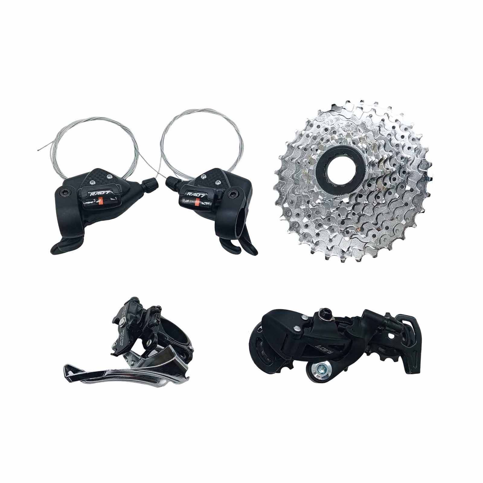 Kit Trans. MTB 3x9v 27v Cassete 11-32D Alavancas s/ Manetes, Câmbio Dt Top Pull Index, Câmbio Ts Index Preto Rad7 Concept