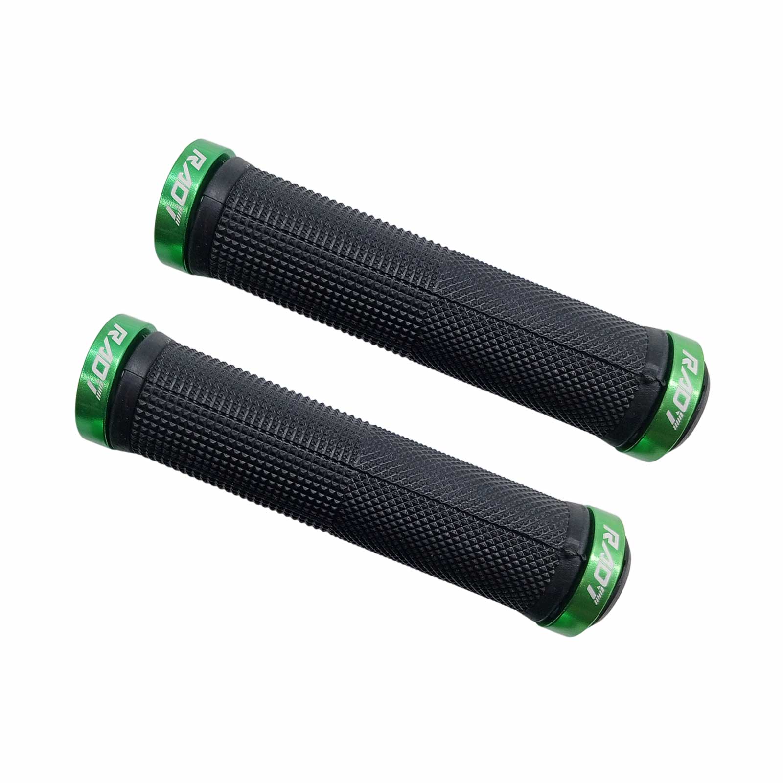 Manopla MTB em Borracha Preta com 2 Anéis de Trava em Alumínio Verde e Plug Plástico Preto Rad7 Concept