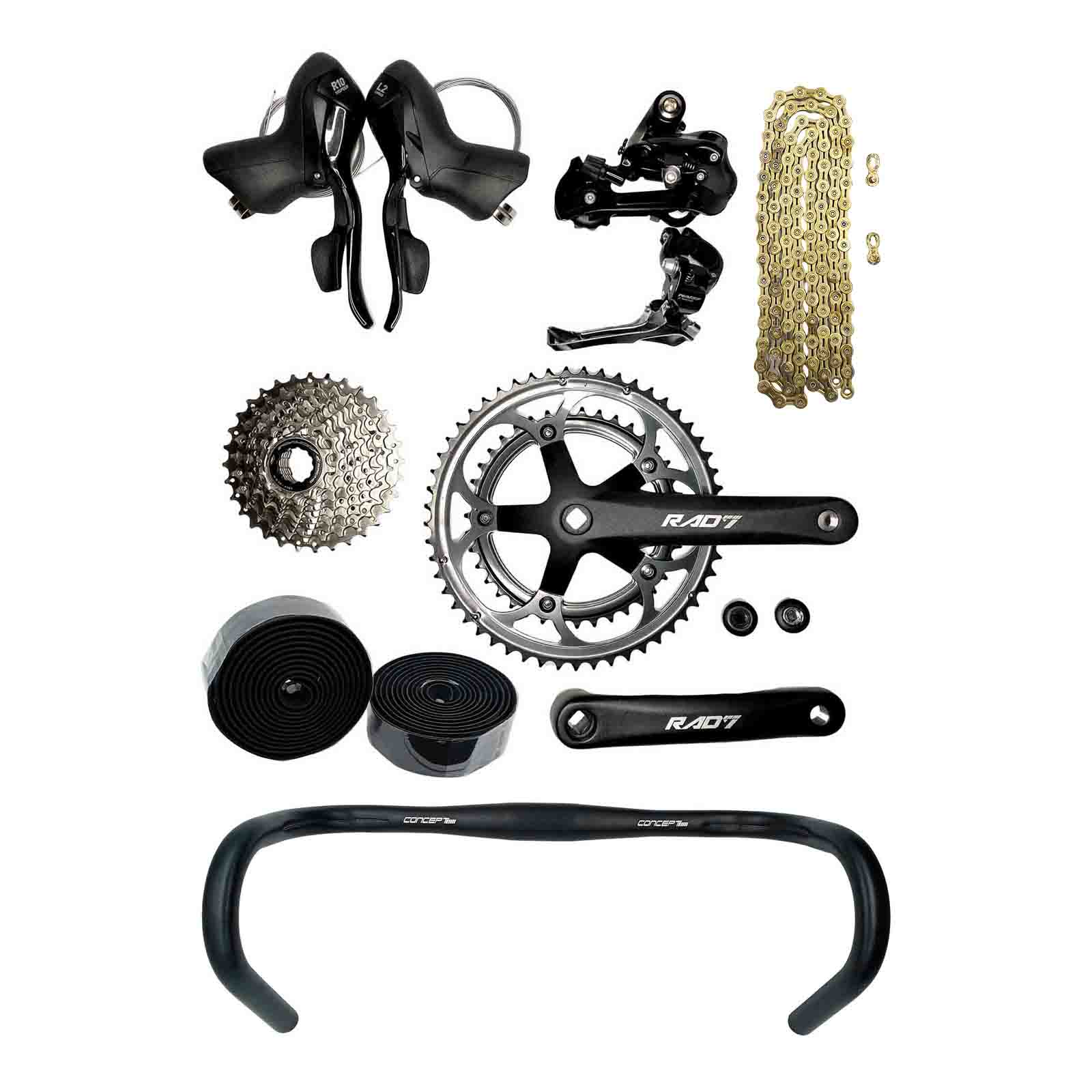 Kit Trans. Speed 2x10v 20v c/Cass. 11-32D+Alav. c/Man.+Câmbios Dt/Ts+Corr. 10v+Pdv. PQ. 39/53D 175mm+Gd. Speed+Ft Guidão Rad7 Racing