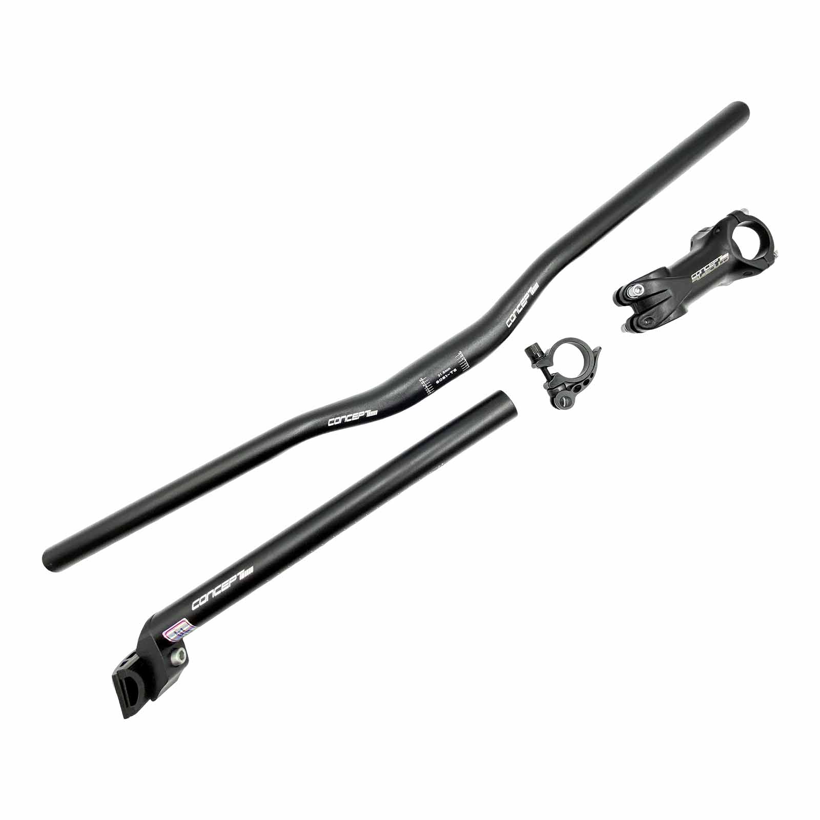 Kit Cockpit MTB DH Preto Guidão Curvo 31,8  x 680 x 20 mm, Mesa 31,8 x 80 mm, Canote 27,2 x 350 mm c/ Carrinho Abraçadeira c/ Blocagem Rad7 Concept