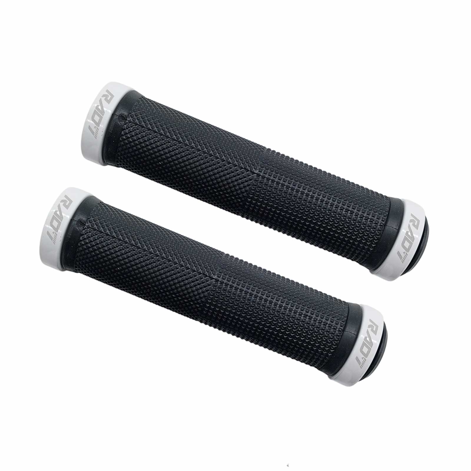 Manopla MTB em Borracha Preta com 2 Anéis de Trava em Alumínio Branco e Plug Plástico Preto Rad7 Concept