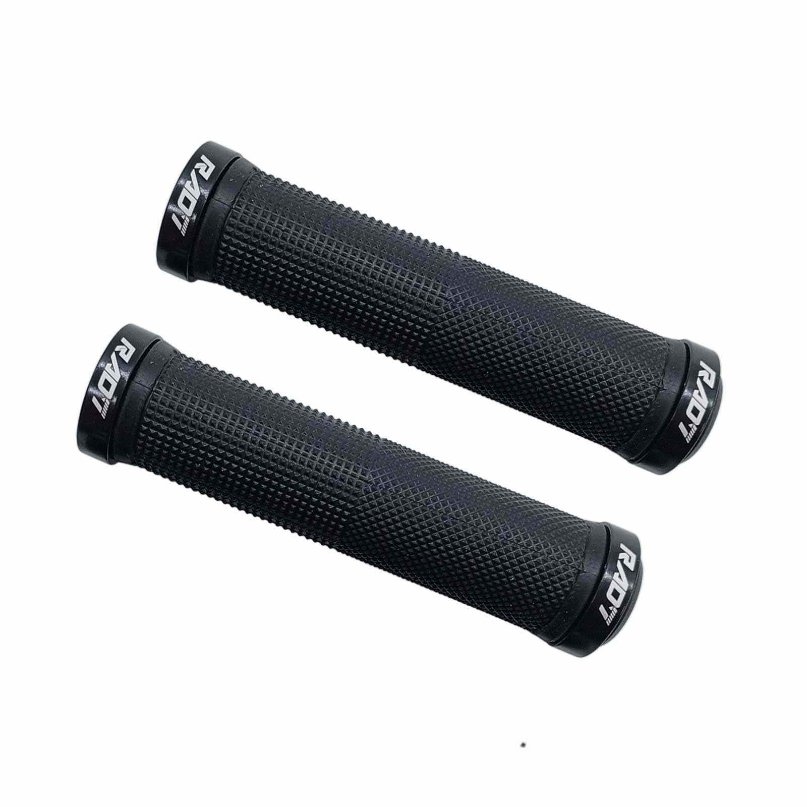 Manopla MTB em Borracha Preta com 2 Anéis de Trava em Alumínio Preto e Plug Plástico Preto Rad7 Concept