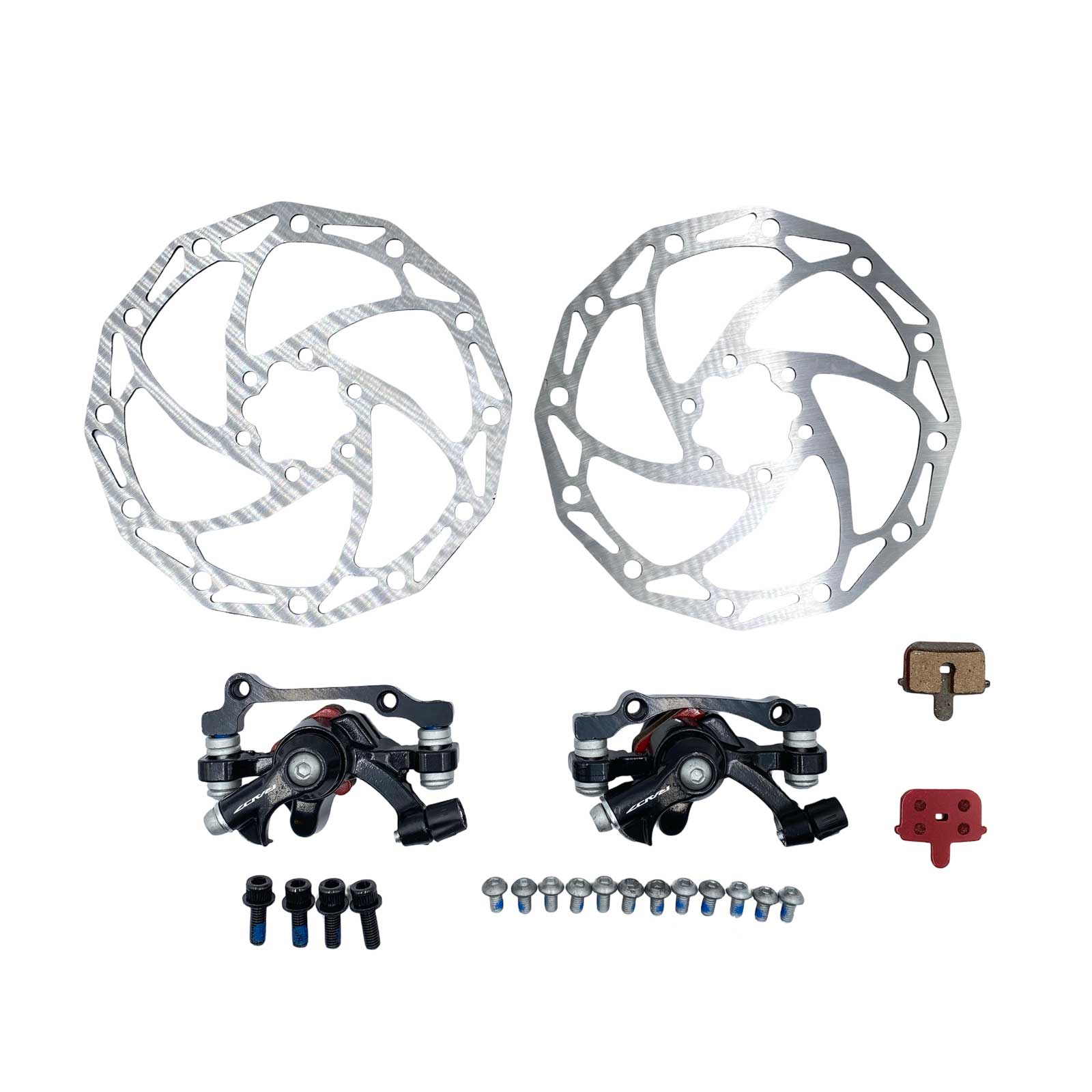 Freio a Disco Mecânico em Alumínio Dianteiro e Traseiro com Rotores 6 Furos de 160 mm e Parafusos Pastilha Quadrada Preto Rad7 Concept
