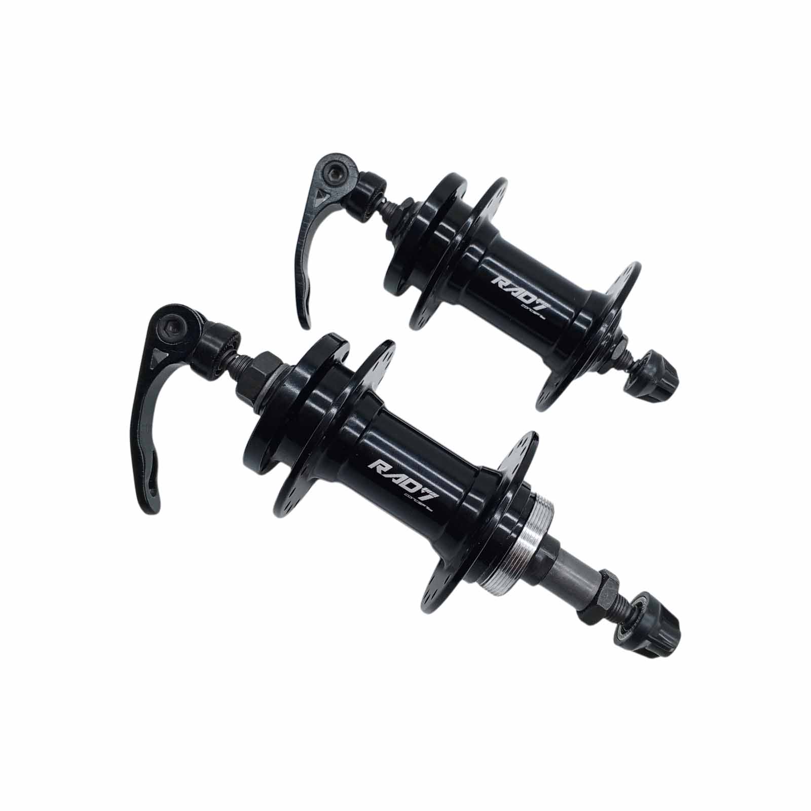 Cubo em Alumínio Dianteiro e Traseiro Rolamentado 32 Furos com Blocagem e Espaçador Rosca Disco Preto Rad7 Concept