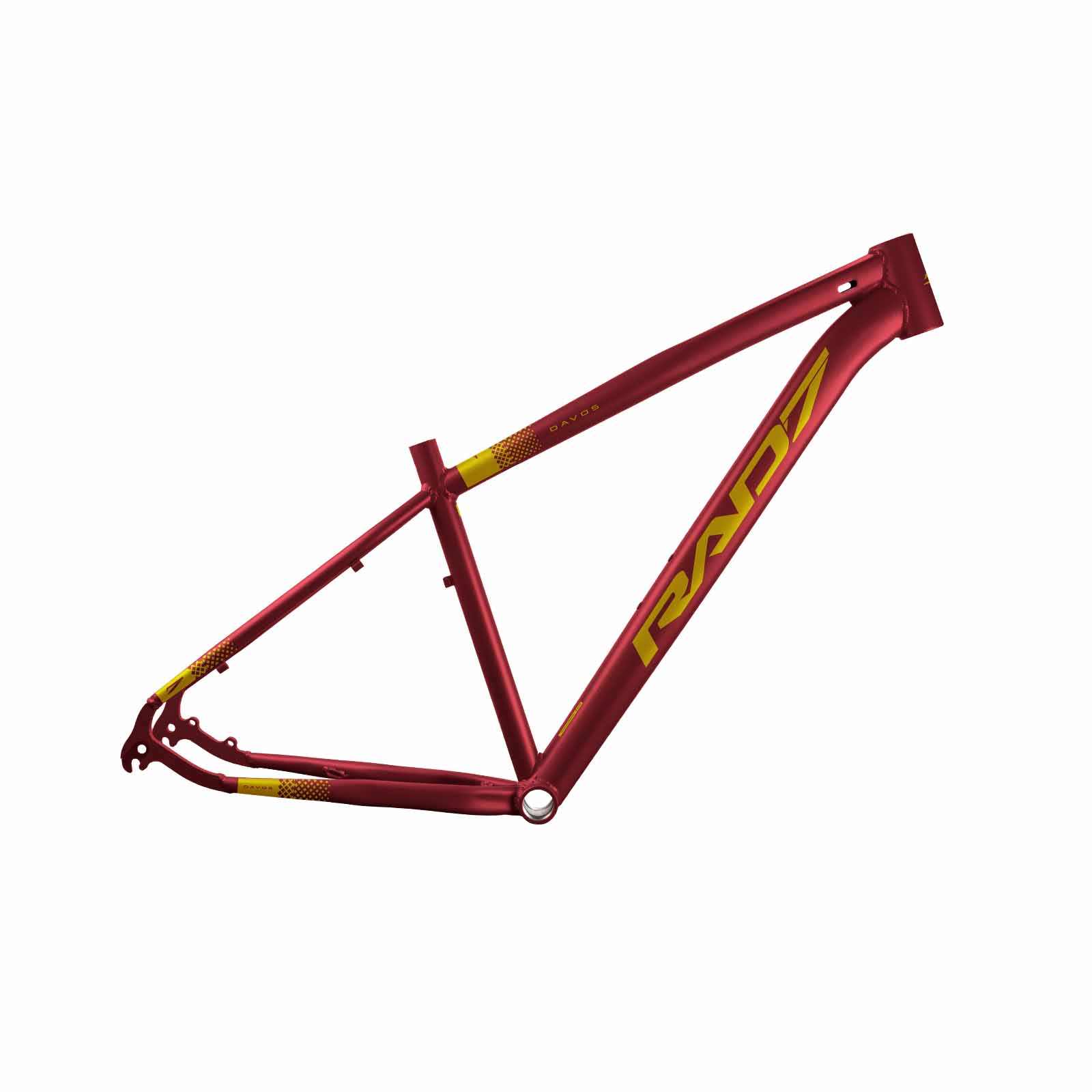 Quadro MTB Davos 29 Alumínio 34,7 mm Mega Over Canote 27,2 mm Cabeamento Interno Vermelho Metálico Fosco Adesivo Super Dourado T17 Rad7 Concept
