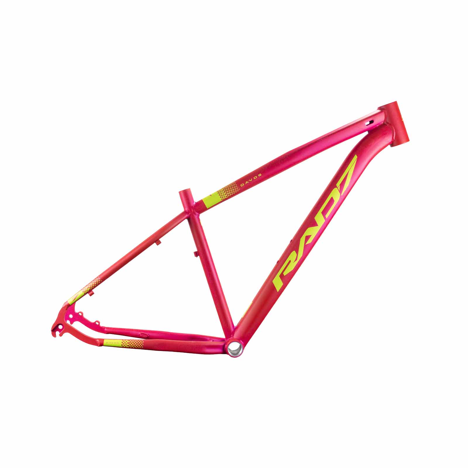 Quadro MTB Davos 29 Alumínio 34,7 mm Mega Over Canote 27,2 mm Cabeamento Interno Rosa Metálico Fosco Adesivo Amarelo Neon T17 Rad7 Concept