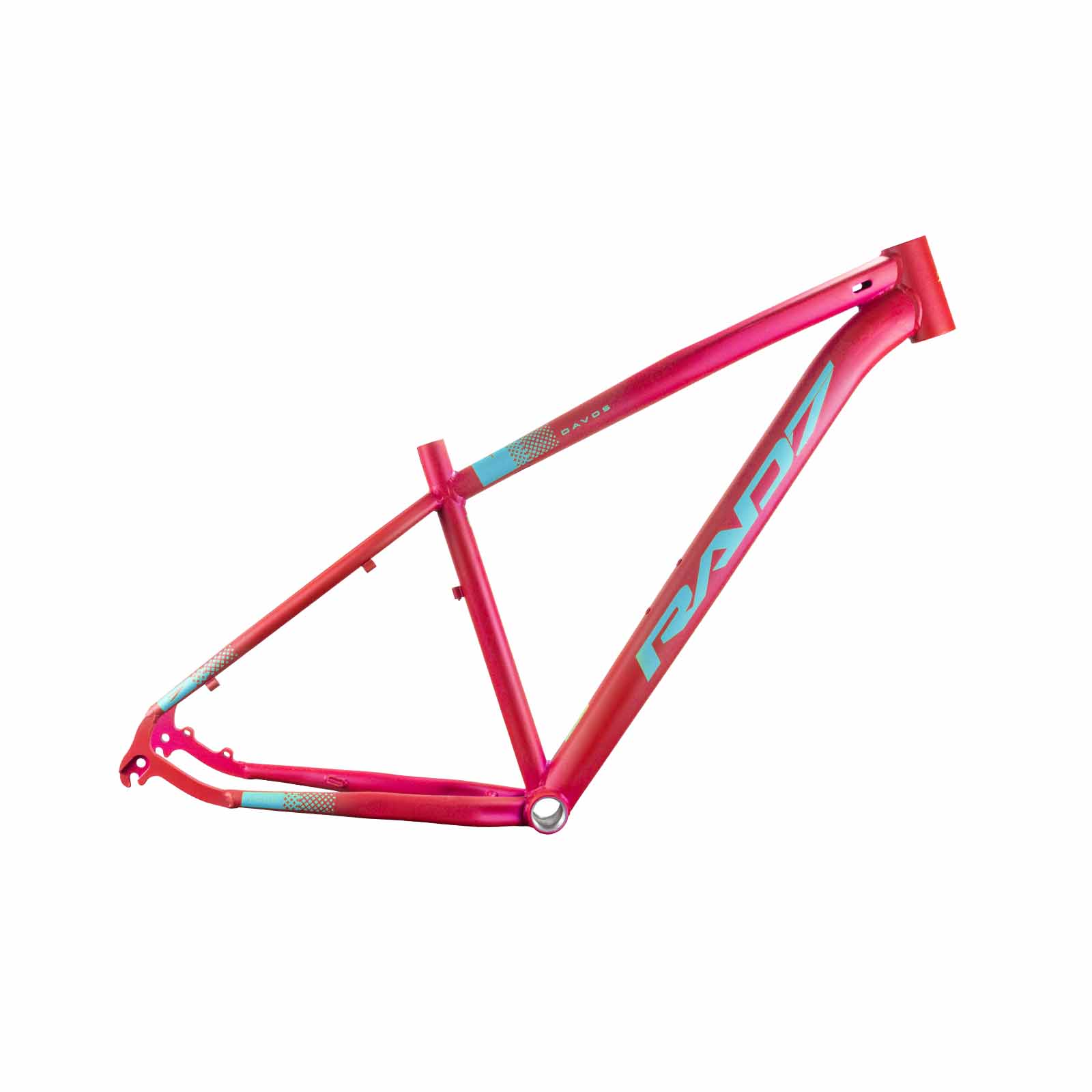 Quadro MTB Davos 29 Alumínio 34,7 mm Mega Over Canote 27,2 mm Cabeamento Interno Rosa Metálico Fosco Adesivo Azul Bebê T17 Rad7 Concept