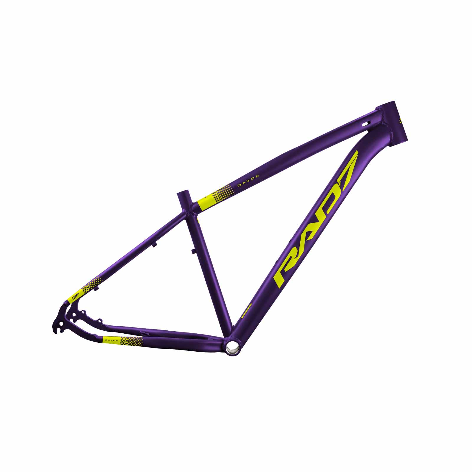 Quadro MTB Davos 29 Alumínio 34,7 mm Mega Over Canote 27,2 mm Cabeamento Interno Violeta Fosco Adesivo Amarelo Neon T17 Rad7 Concept