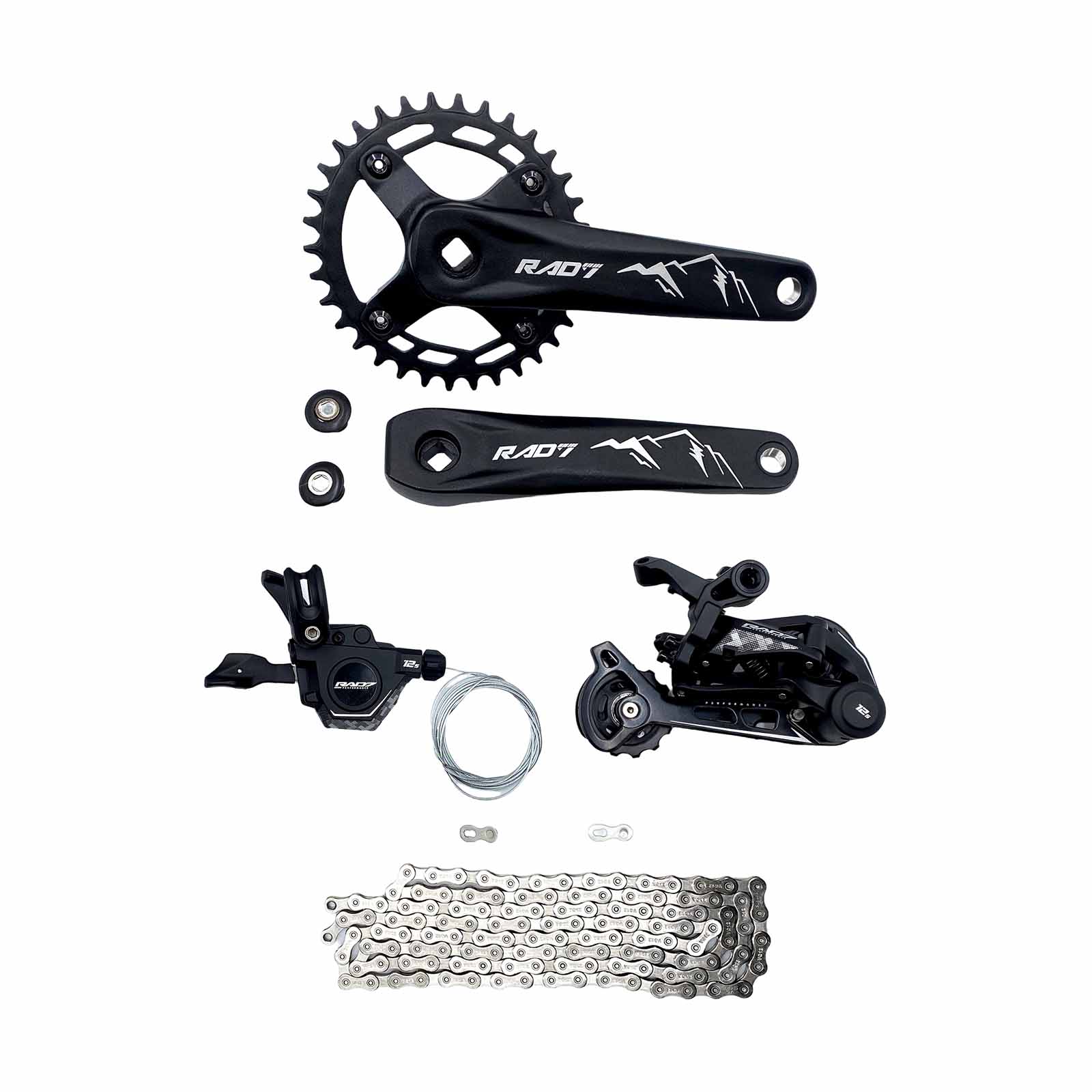 Kit Trans. MTB 12v c/Alav. s/Man.+Câmbio Ts.+Corr. 12v+Pdv. Ponta Quadrada 34D 175mm Rad7 Performance