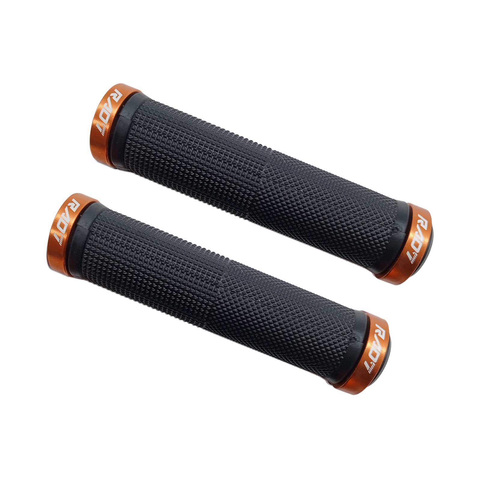 Manopla MTB em Borracha Preta com 2 Anéis de Trava em Alumínio Laranja e Plug Plástico Preto Rad7 Concept
